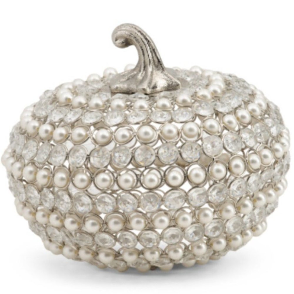 Faux Pearl Crystal Decorative Pumpkin Silver Metal Jewels Elegant Fall Decor 8"